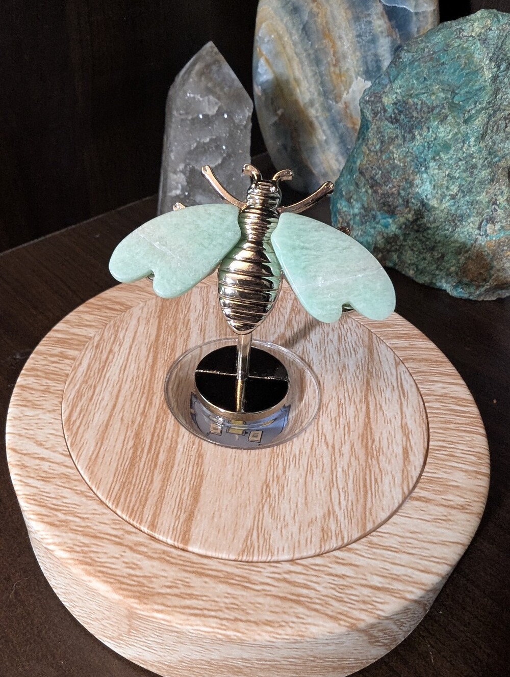 Amazonite Crystal Bee Carving on Silver Stand